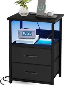 Black Rectangular Standard Height Bedside Table - Drawer-Equipped, Multi-Drawer, 4-Leg, Assembled, Built-In Nightstand with Charging Station, USB Ports, 2 PU-Finished Fabric Storage, LED Indoor Furniture, Drawer-Equipped Bedside Tables, Multi-Drawer Bedsi