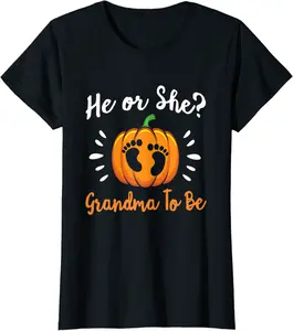 Womens Halloween Gender Reveal He or She Grandma To Be Pumpkin T-Shirt - Alaishasmith Shop 40B09J859PTN