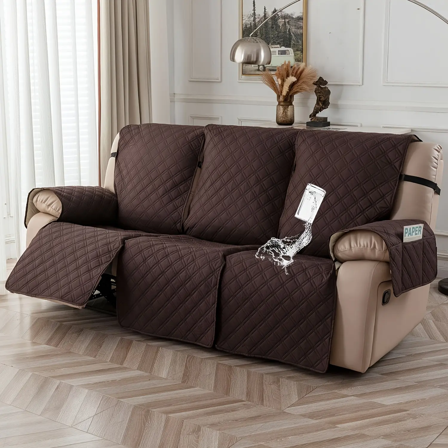 3 Seater Waterproof Recliner Cover Non-Slip Sofa Protector with Pockets Machine Washable for Pets Adjustable Fit 76.8 Inch Couch Cover