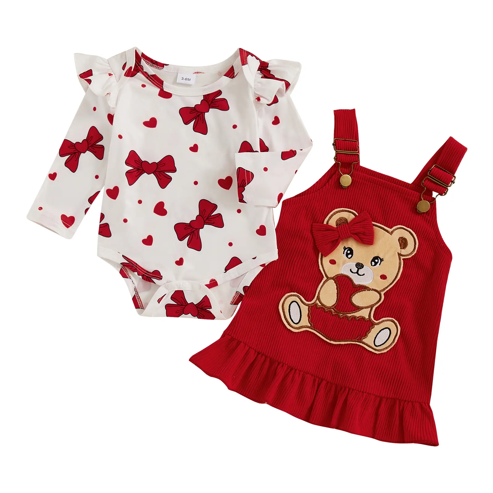 Toddler Infant Baby Girls Autumn Outfits Set Bow Print Rompers and Bear Suspender Skirt Dress Set Cute Clothes Set
