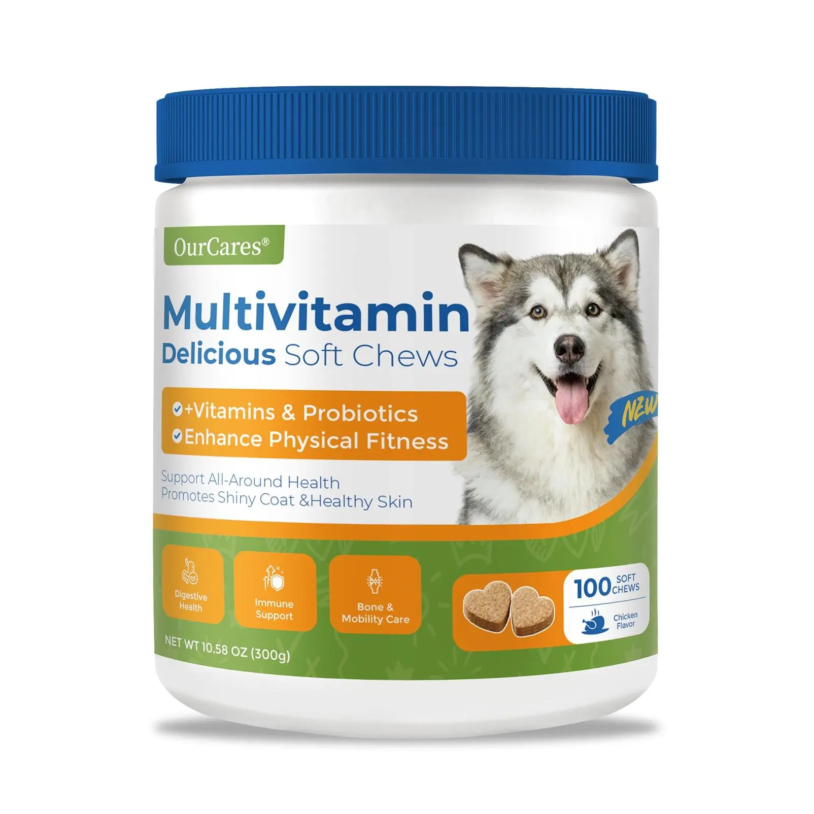 OurCares NEW Advanced Dog Multivitamin Soft Chews (Chicken Flavor) – 100 Count | Chewable Multivitamin Supplement for Dogs with Glucosamine, MSM, Krill Oil & 1.2 Billion CFU Probiotics, Supports Joint, Skin, Itch Relief & Immune Health，GLB