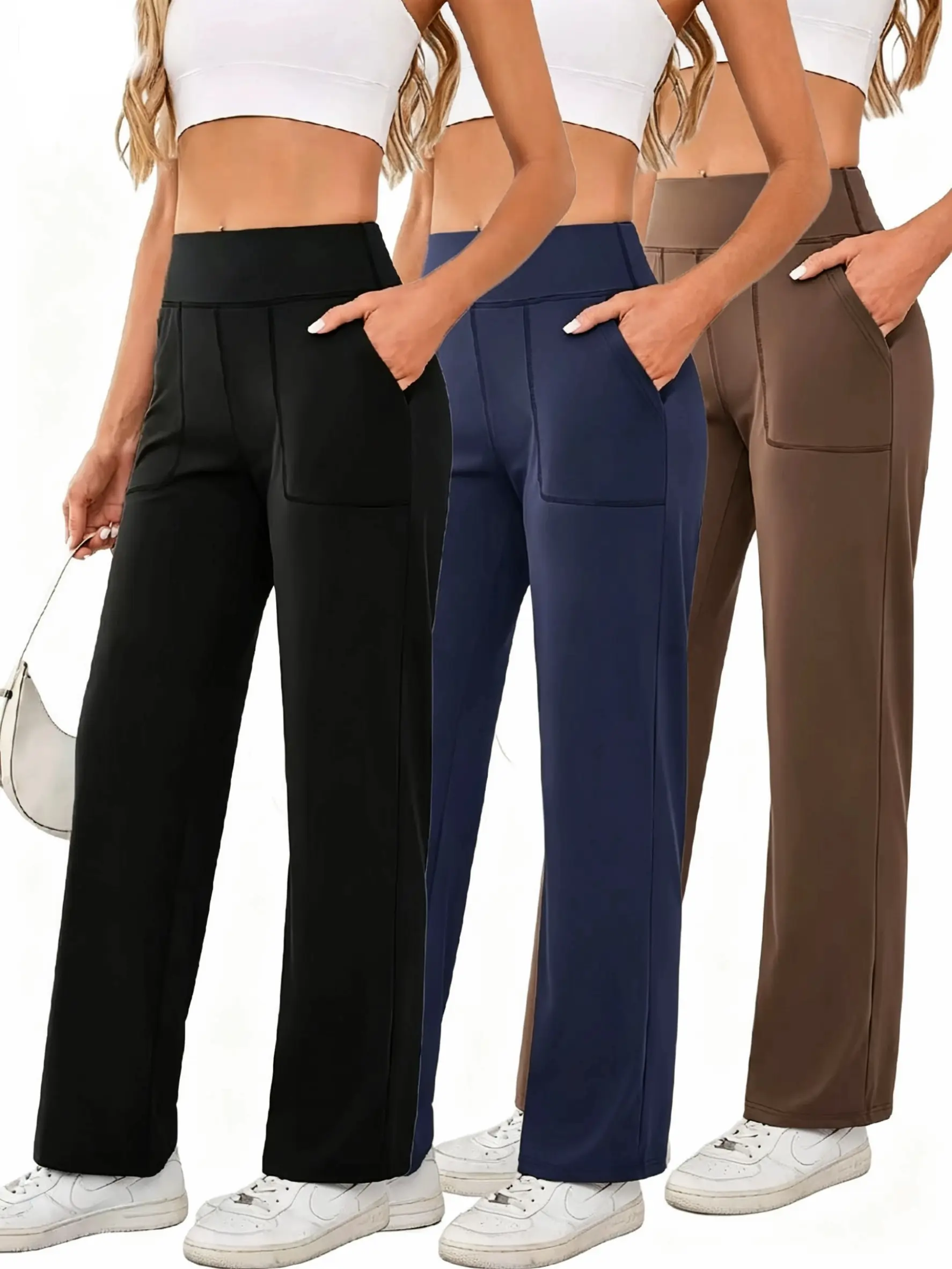 Women’s 3-Pack High-Waisted Wide-Leg Yoga Bottoms - High Stretch, Drapey Fabric, Pockets, Casual Sporty Long Pants