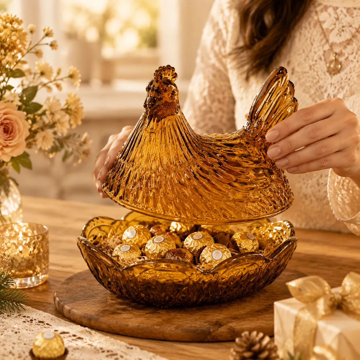 Glossy Translucent Amber Glass Hen-Shaped Candy Jar with Lid - Retro Home Organizer Container, Bowl-Style Storage for Cookies, Snacks, Farmhouse Kitchen, Room Decor Gift, Dish, Indoor