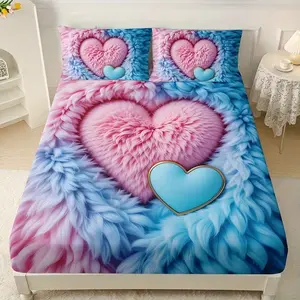 3pcs Heart Fleece Bedding Set (1 Sheet + 2 Pillowcases), Soft Comfortable High-Definition Print, Home Dormitory Bedroom Decor, Decorative Bedsheet Sets