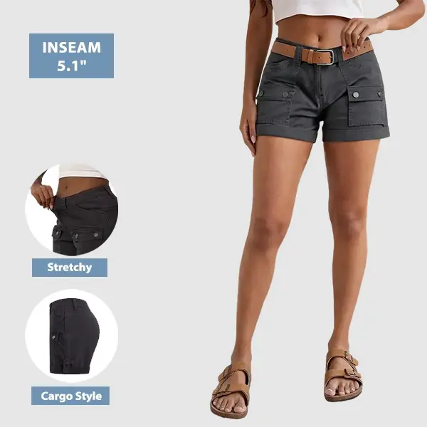 Flamingals Flap Pocket Roll Tab Hem Low Waist Mid Thigh Shorts Without Belt Summer Vibes
