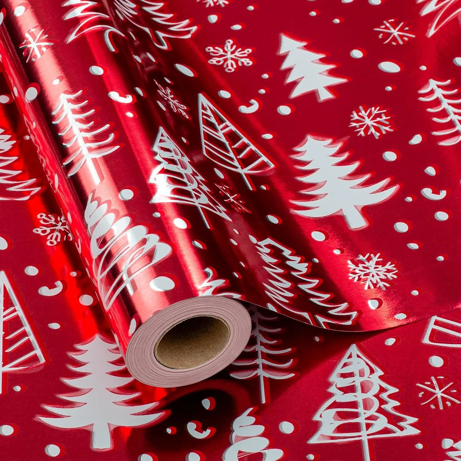High-Quality Finish Luxury Metallic Shiny Red Wrapping Paper Roll - 17 in x 33 ft, Foil Tree & Snowflakes Design, Office Stationery Gift Wrap for Grown-Ups, White Christmas Trees, Red Santa Head Decor, Manufacturer Warranty, Manufacturer Warrenty