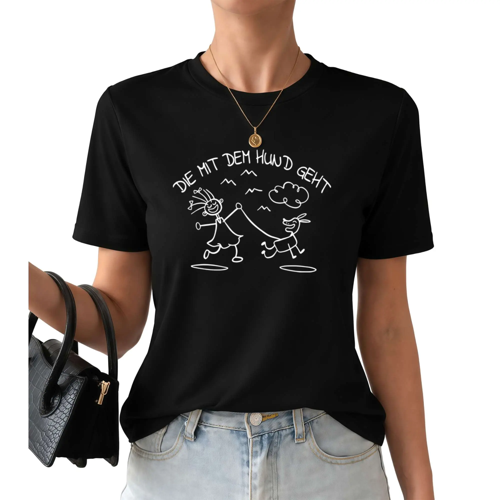 Women' Funny Dog Walking T-Shirt - "Die Mit Dem Hund" Graphic Tee Suitable for Dog Lovers, Breathable Short Sleeve Crew Neck Top, Casual Gift for Pet Owners, Birthday Present for & Women, Daily Wear for Seasons