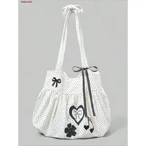 Women's Cute Bow Tote Bag – Vintage Heart Polka Dot Floral Embossed Shoulder Bag, Large Capacity Laptop Tote (fits 13–16"), Y2K coquette style handbag for work, school, travel, daily commute, summer, Tote Bags, Work Bags For Women
