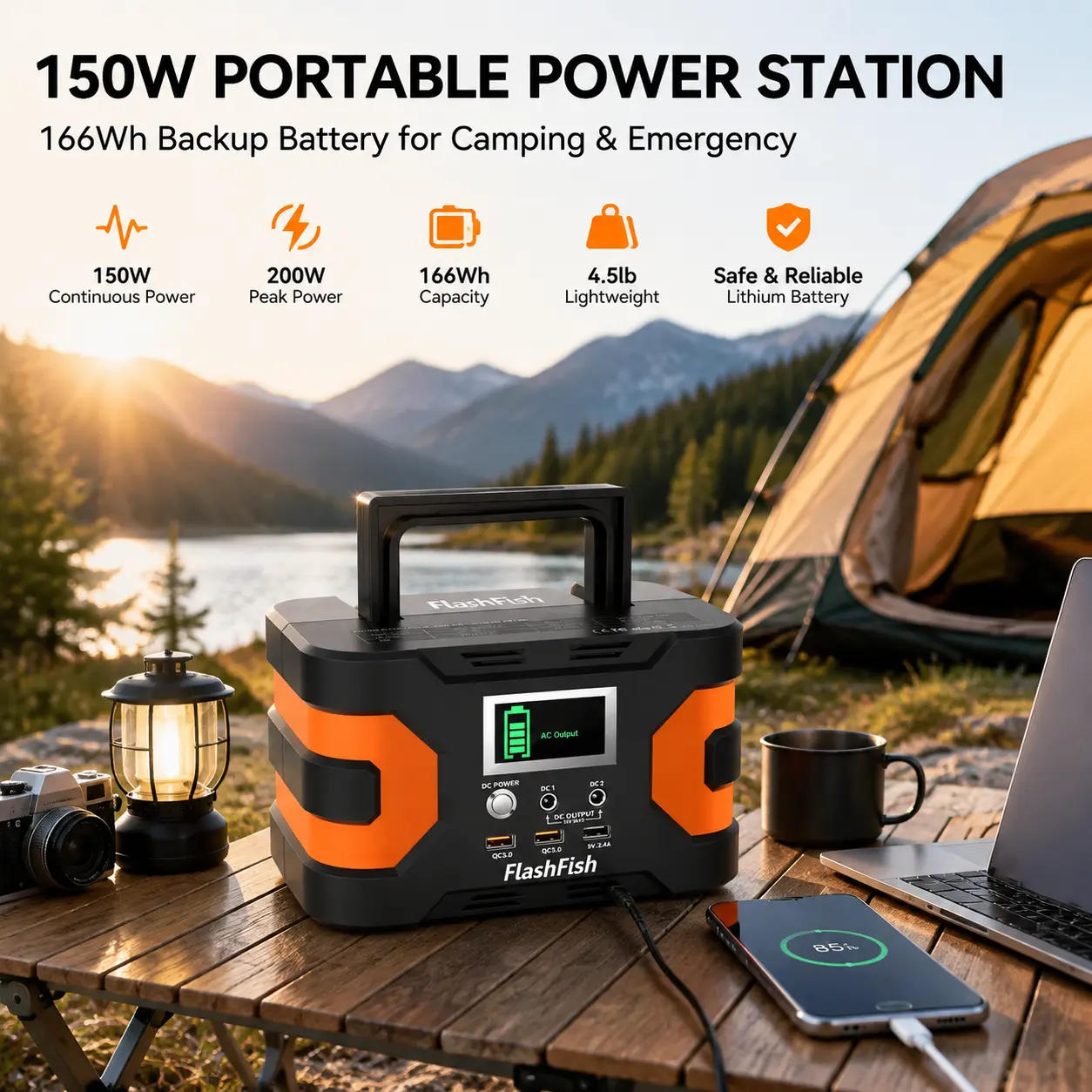 Flashfish Compact Lithium Power Station with Lithium Cells - 200W Peak, 150W 110V, 166Wh 45000mAh, Multi-Port Out, CPAP Support Backup Pack for Camping Users & Home Emergencies