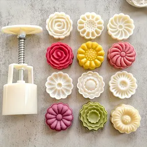 6pcs Set Chrysanthemum Rose Mooncake Mold, Hand-Press Style, Non-Stick, for Green Bean Ice Cake, Cartoon Model Stamp, Baking Pastry Mold, Kitchen Tool