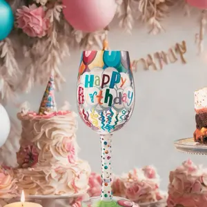 Birthday Streamers Wine Glass - Colorful "Happy Birthday" Design for Celebrations