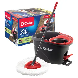 O-Cedar EasyWring Microfiber Spin Mop & Bucket System, Hands-Free Wringing, Machine Washable, Telescopic Handle, Red & Gray, Standard