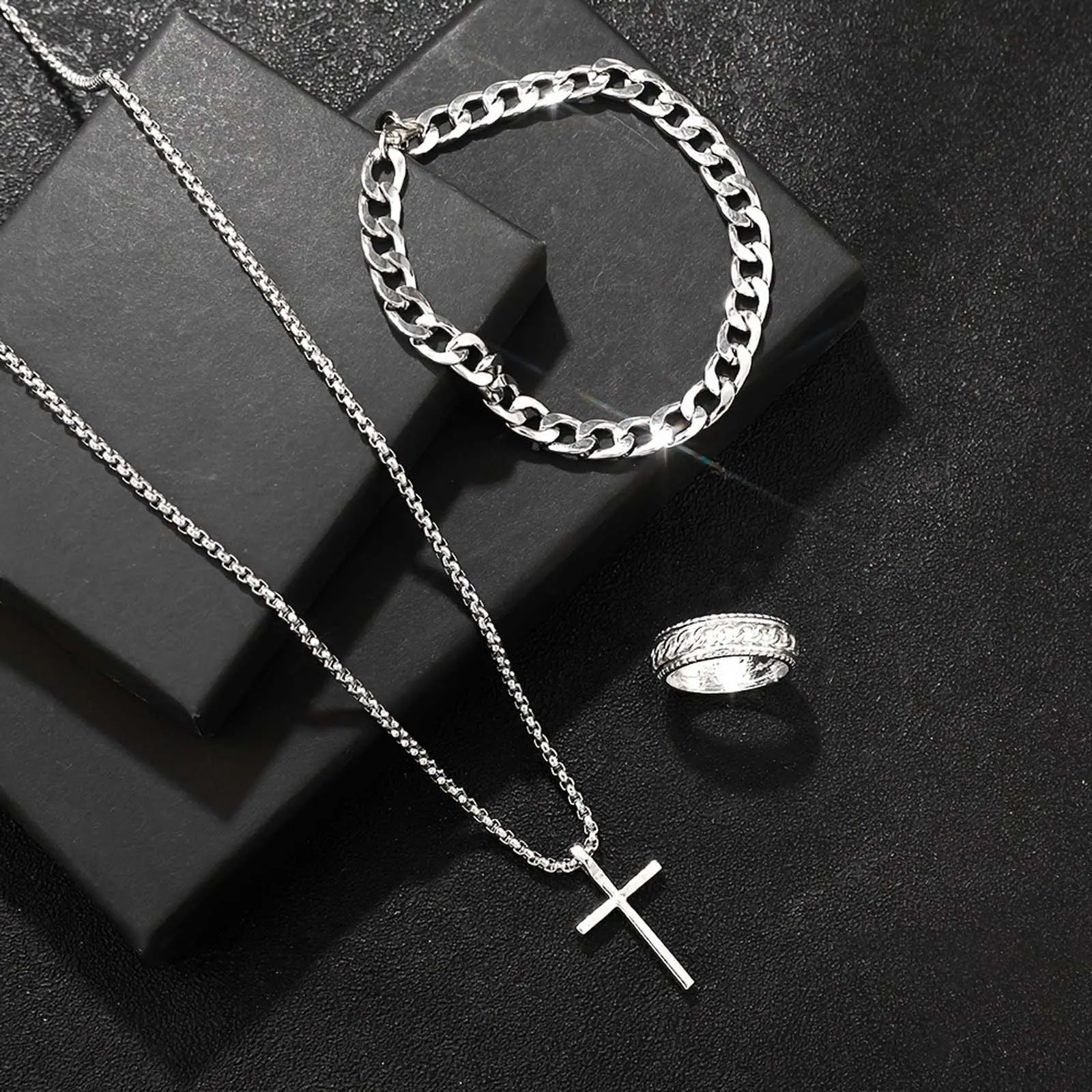 Unisex Classic Hip-Hop All-Match Simple Cross Jewelry 3-Piece Set, Including Chain, Bracelet and Necklace, Fashion Artificial Gemstone Jewelry Accessory, Hip-Hop Jewelry, Unisex Set