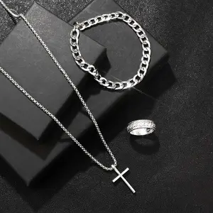 Classic hip-hop all-match simple cross jewelry chain bracelet necklace 3-piece set men and women fashion