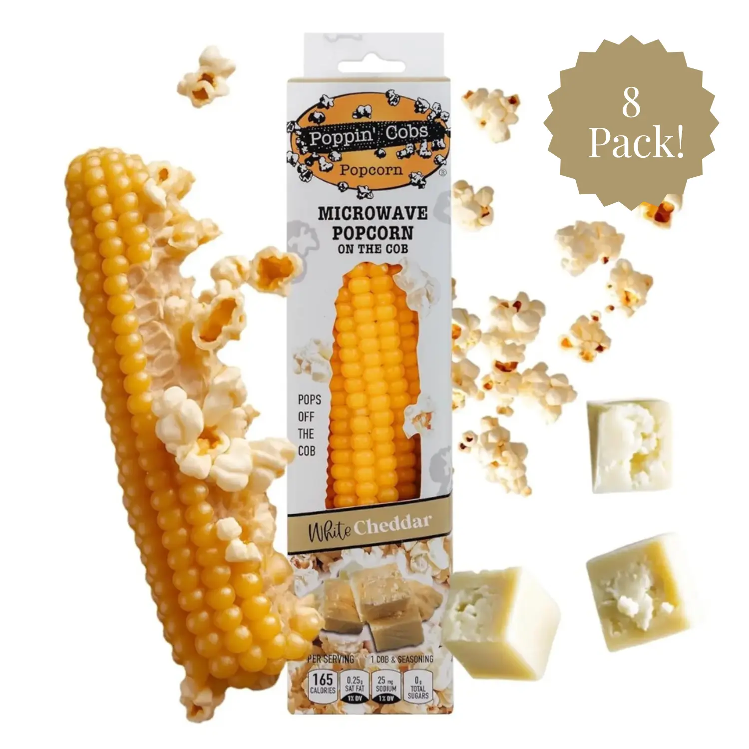 Poppin’ Cobs 8 Pack White Cheddar Microwave Popcorn - Healthy Crunchy Snack that Pops right off the cob! (Pack of 8) Crispy Snack - good source of Fiber and Protein