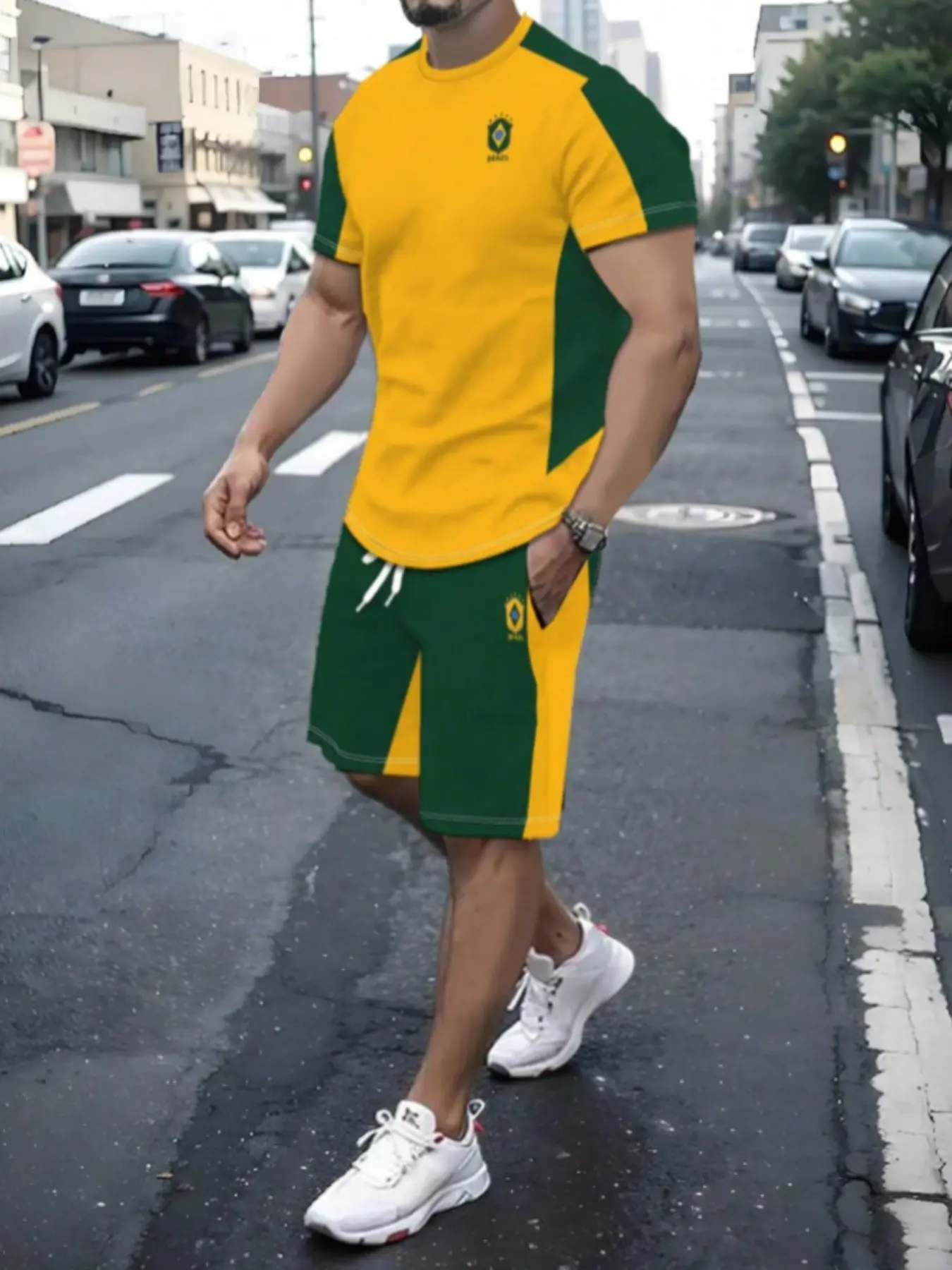 Men's Casual Short Sleeve T-Shirt Set, Brazil Sports Wear, Athletic Sports Clothing, All-Over Print, Fitted Style, Suitable for All Seasons, Athleisure Summer Clothes