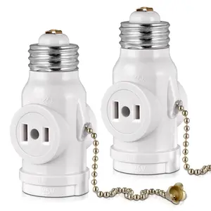2-Pack E26 Light Socket Adapter - Converts Medium Screw Socket to Two Outlets With Pull Chain  - UL Listed, White