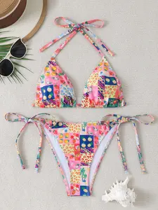 Women's Bikini Swimsuit Set, Strapless Top and High Waist Lace-Up Triangle Bottoms, Fruit Print Beachwear, Sexy Fitted Swimwear, Tie Back Bikini, All Seasons