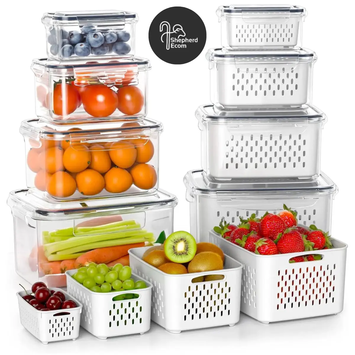 36-Piece Shepherd Double Drainer Fruit & Vegetable Organizer Set - BPA-Free PP Food-Grade Airtight Containers, Multi-Size (0.3L-3.15L) Stackable Storage Bins for Fridge Organization, Convenient & User-Friendly Durable Kitchen Preserving Accessories