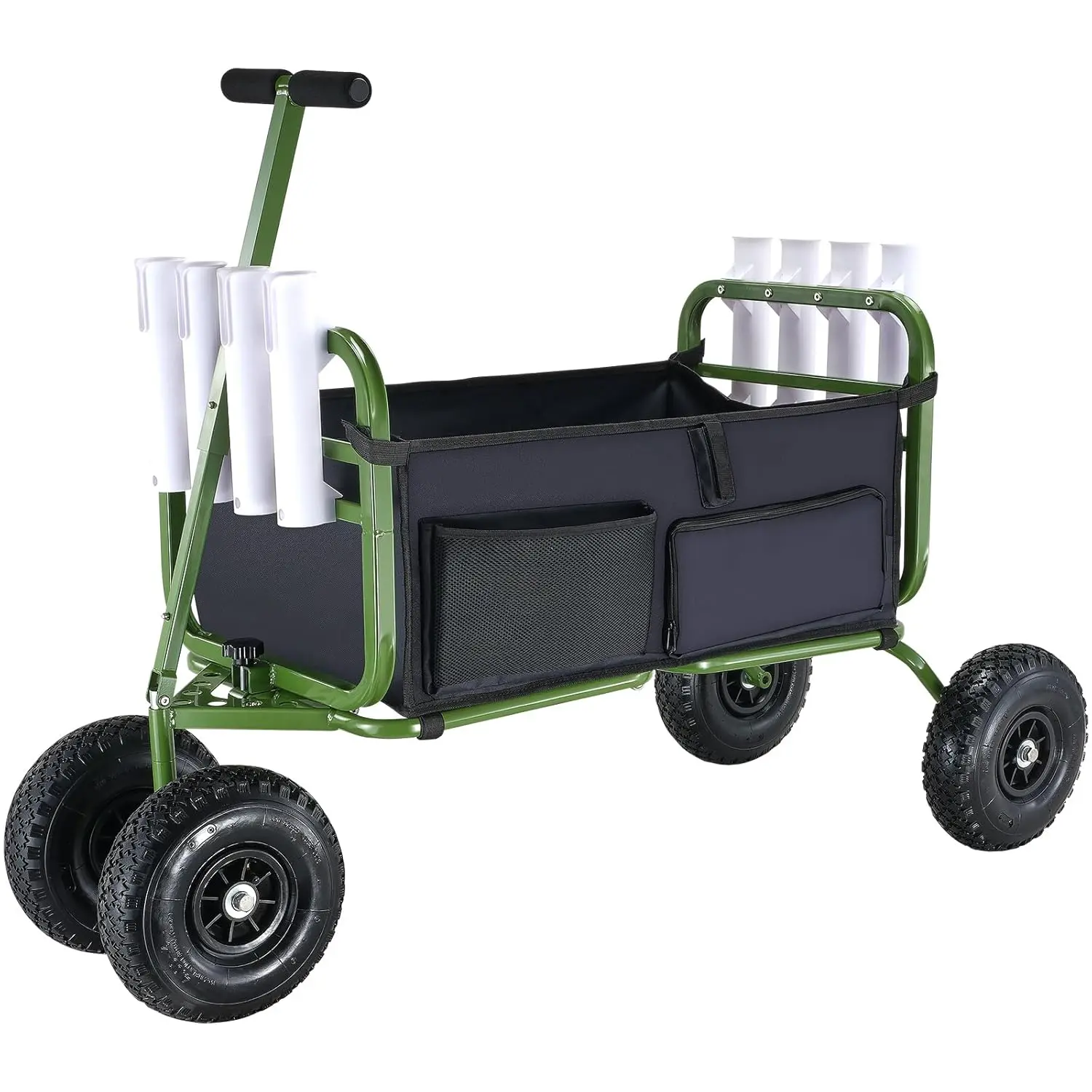 Spring new arrivals Fishing Cart, 300 lbs Load Capacity, Foldable Fish and Marine Cart with Four 11" Big Wheels Rubber Balloon Tires, Heavy-Duty Steel Pier Wagon Trolley with 8 Rod Holders for Picnic