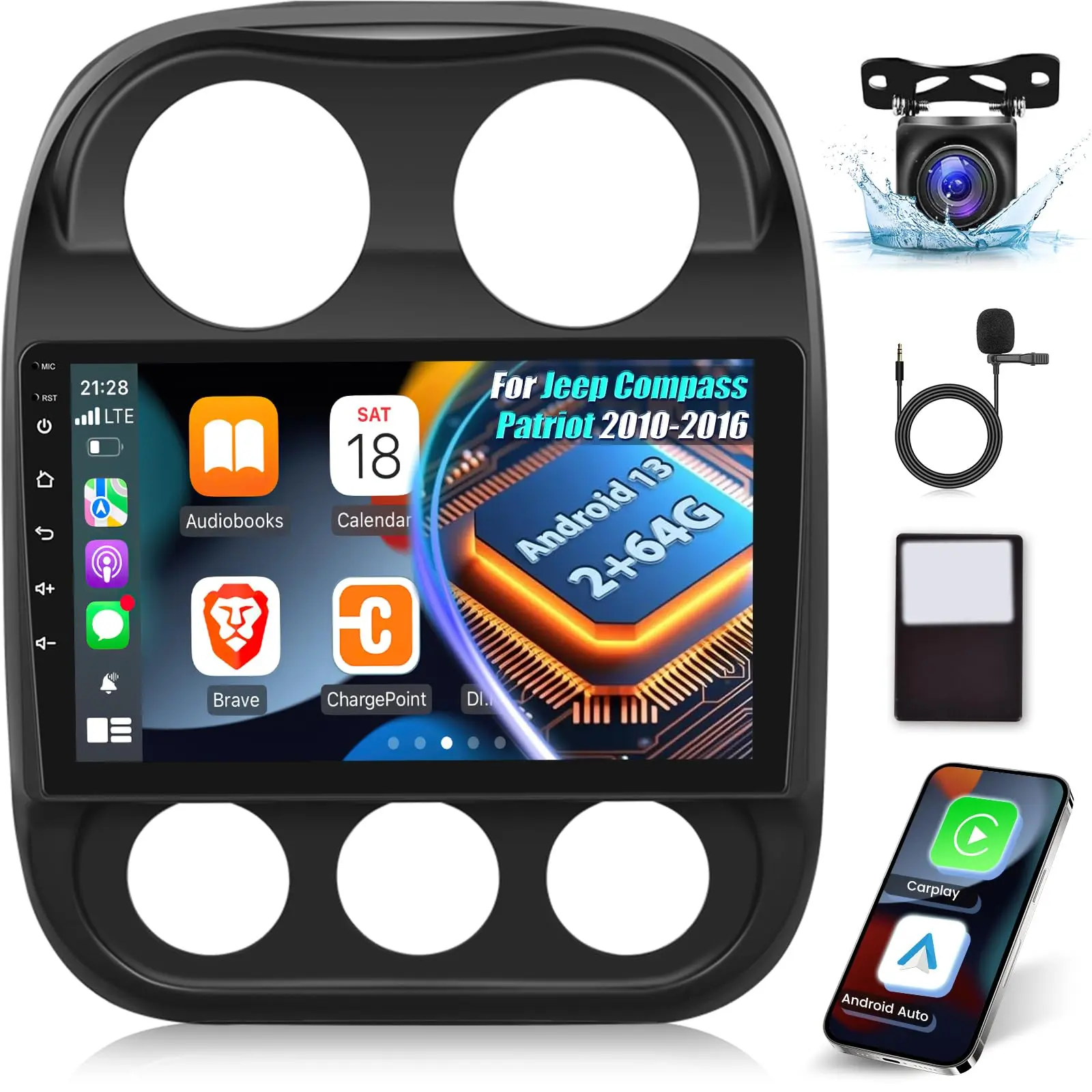 PODOFO Car Radio for Jeep Compass Patriot 2010 2011 2012 2013 2014 2015 2016, [2G+64G] 10.1 inch Android Touch Screen Patriot Stereo, CarPlay/Android Auto/DSP Audio/1080P/SWC/Bluetooth/WiFi