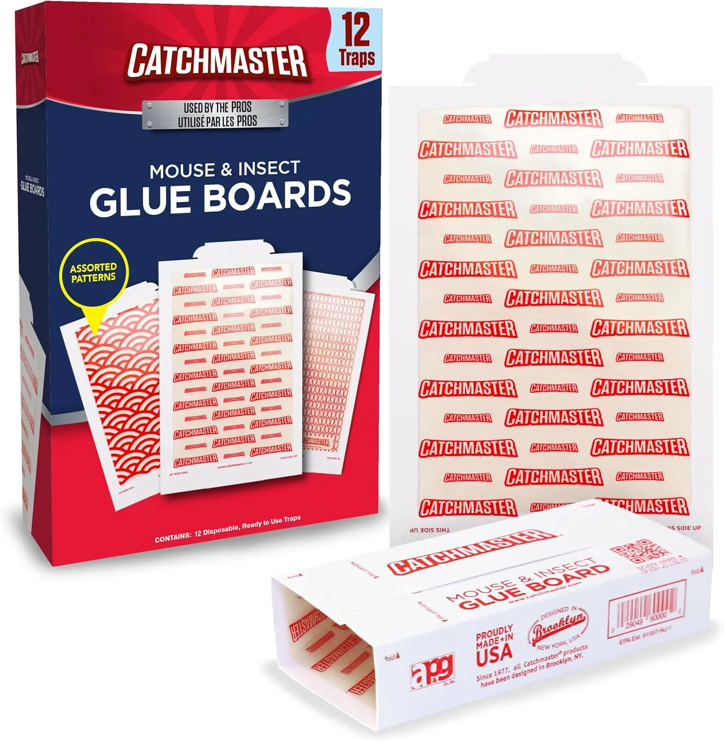 Catchmaster Extra Sticky Multi-Pest Glue Boards, 12-Count 5.3"x8" Traps for Mice, Rats, Insects, Indoor Home Pest Control for Garages, Basements