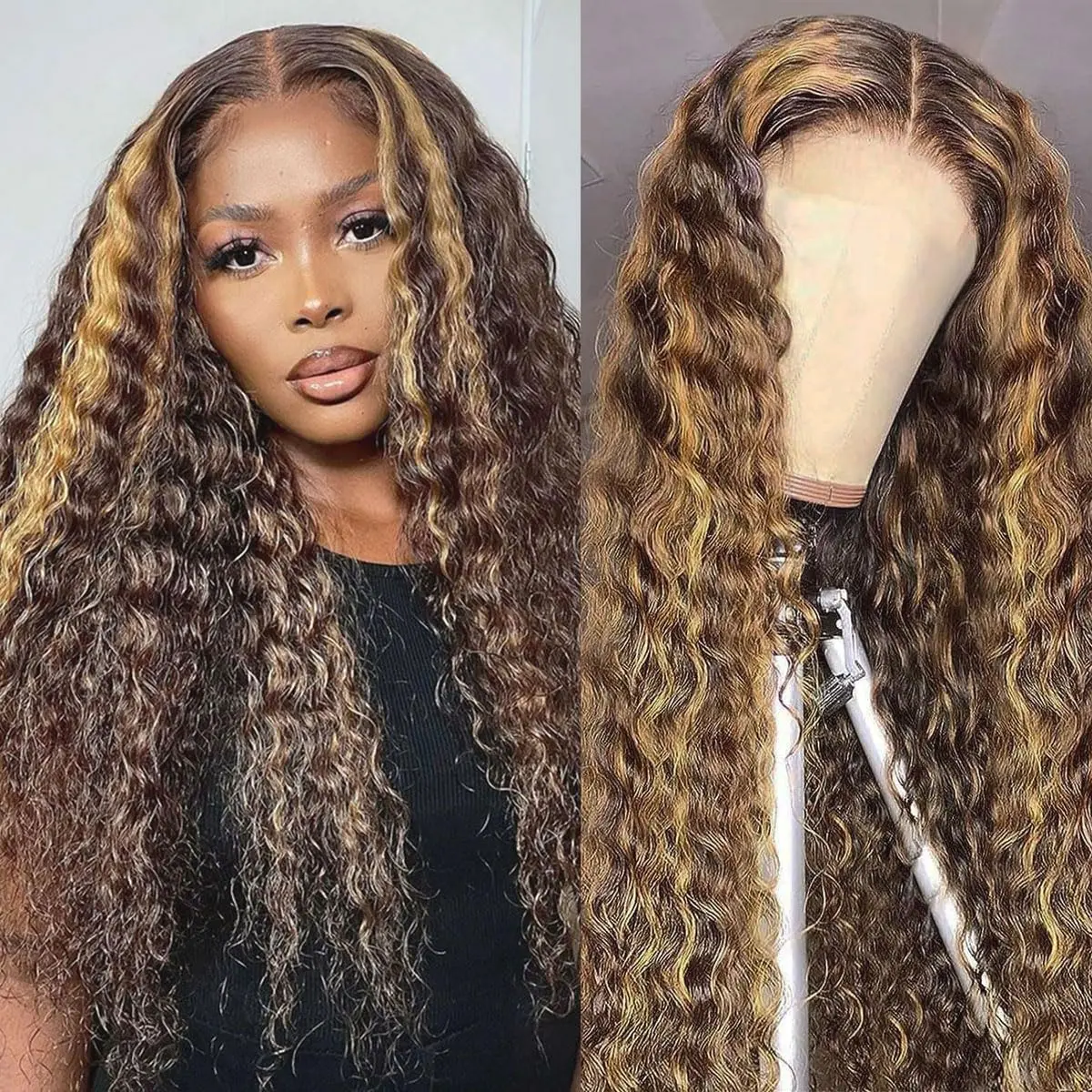 Highlight Ombre HD Transparent 13x4 Lace Front Wigs Synthetic Hair 200% Density Honey Blonde 4/27 Deep Wave Lace Front Wigs for Black Women Frontal Curly Wig Pre Plucked with Baby Hair 30 Inch