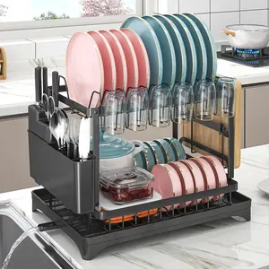 2-Tier Dish Drying Rack for Kitchen Counter Dish DrainerwithUtensil Holder Drainboard & 360° Telescopic DrainPipeEfficient Kitchen Organizer Black