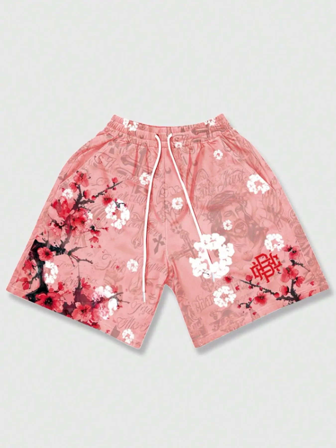 Men's Cherry Blossom Full-Print Drawstring Sport Shorts, Trendy Streetwear, Casual Shorts, Beach Shorts for Summer