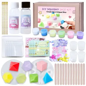 DIY Squishy Dice Making Set Squishy Maker Kit- Comes with(Not sticky)30:30 Zero-Degree Silicone, 6 Colored Pastes, 1 Dice Mold, 12 Mixing Sticks, 4 Measuring Cups and 5 Chains，Ideal for Beginners(43pcs/set)