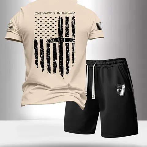 Men's 2-Piece Set Matching Sets with Matching Crew Neck Short Sleeve Tee and Drawstring Waist Shorts, Stylish Cross Flag Print for Casual and Outdoor Wear Outfits Menswear Style Set