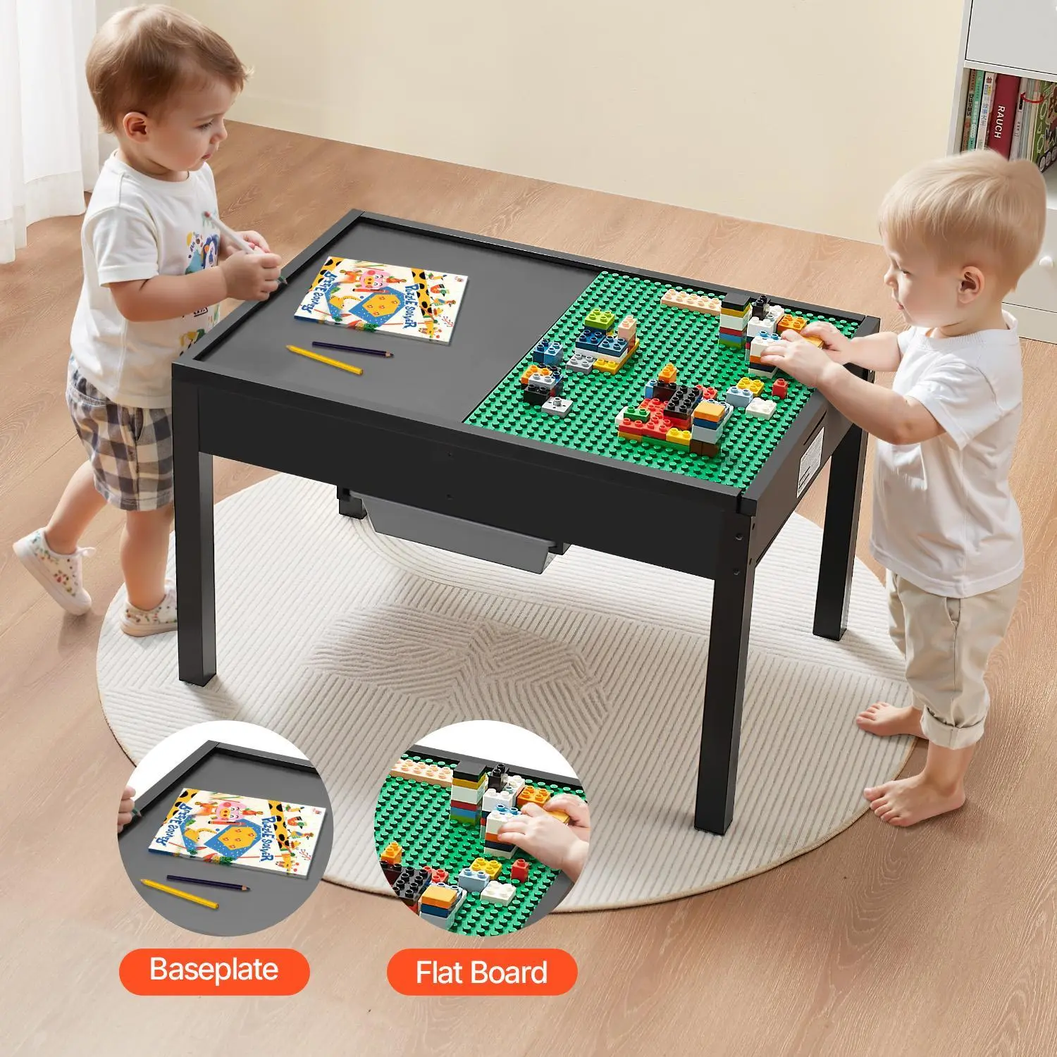 【Christmas Gift】VEVOR Kids Rectangular Pine Wooden Activity Table - Reversible Tabletop, Multi-Purpose Play Table with 2 Storage Bins, Large Storage, Secure Stable Wide Base, Smooth Edges, Wide Compatibility, Ideal Gift for 4-5 Years Old, Black