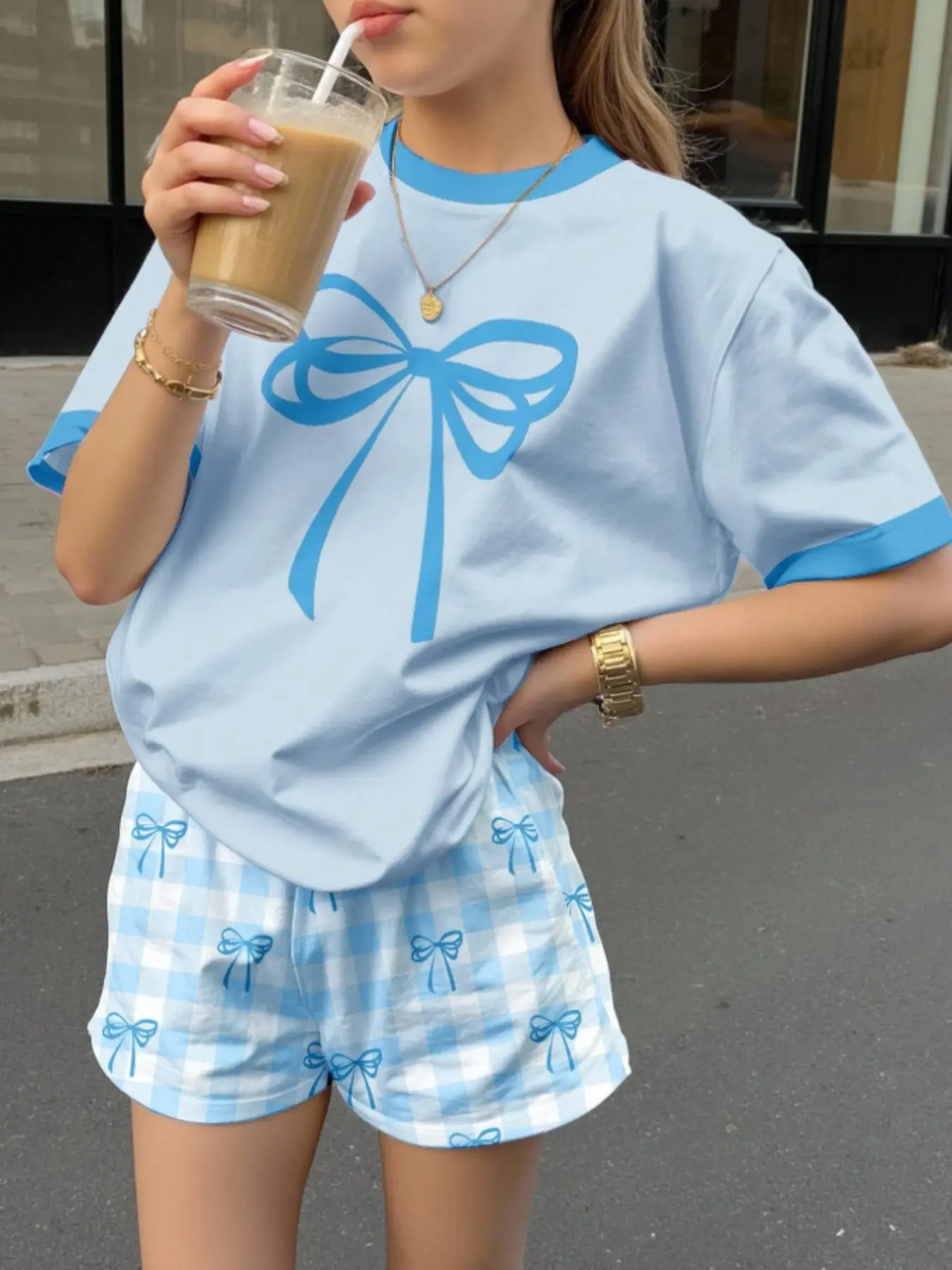 Adorable Bow Blue Plaid Print Teen Girl Casual Minimal Short Sleeve Two-Piece Set, Perfect for Summer, Summer Clothing Set