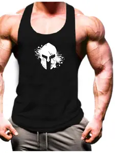 Men's Sporty Loose-Fitting Graphic Fitness Tank Top, Spartan Helmet Design, Sleeveless Training Shirt, All-Season Muscle Building Wear
