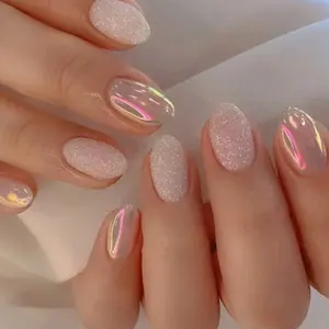 Medium Oval Iridescent Pink Press On Nails 24 CT