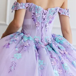 Lilac Dress with Flowers Quince - Off Shoulder, Floral Design, 3-D Flowers on Core Side, Perfect for Mermaid Theme, Formal, Party, Comfortable
