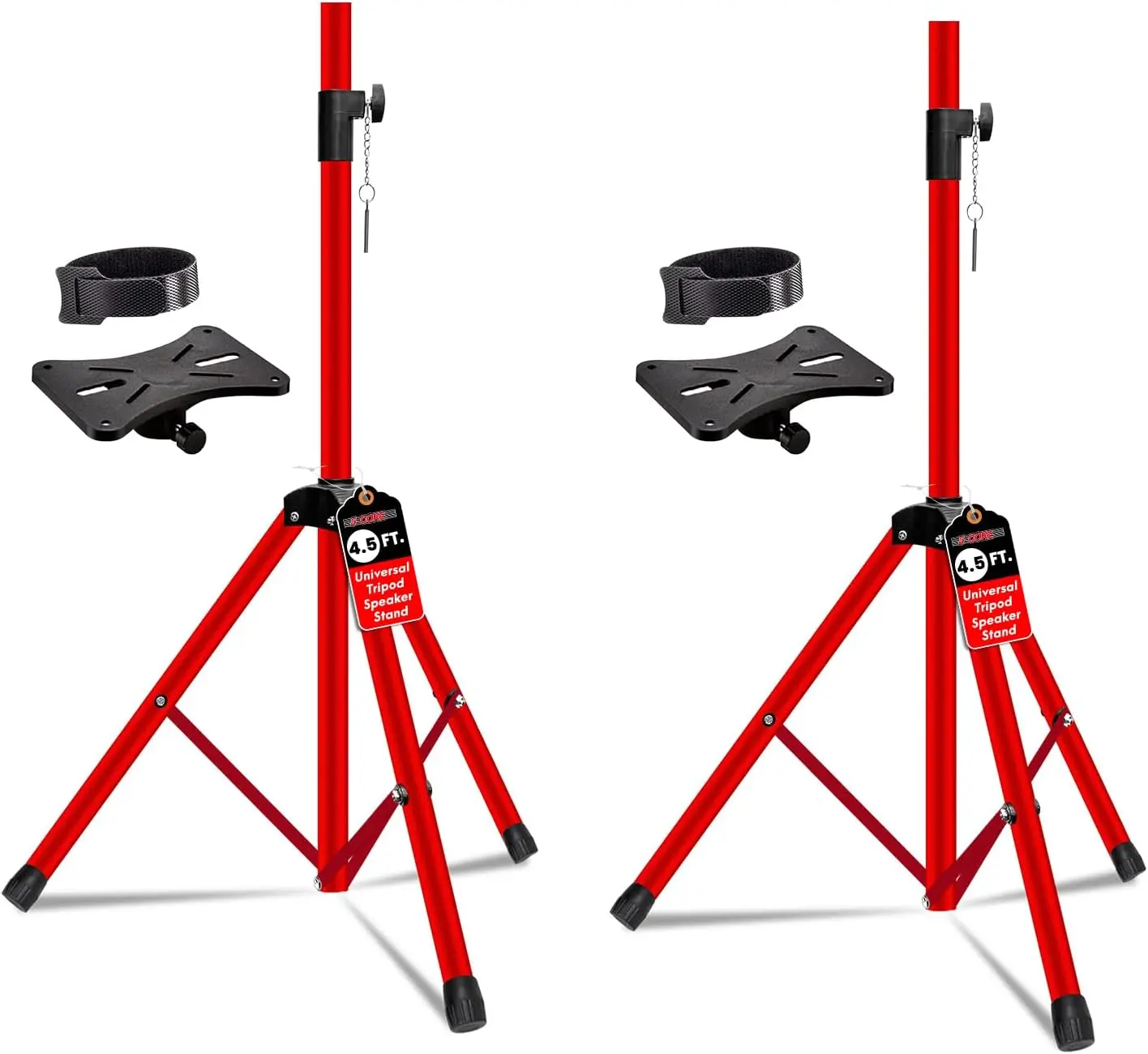 5 Core Pair of Adjustable Tripod Speaker Stands, 54in Steel Build with 35mm Pole Mount, 132lbs Capacity, Durable Foldable Design with Socket & Cable Management for DJ, Studio Audio Use (Red)