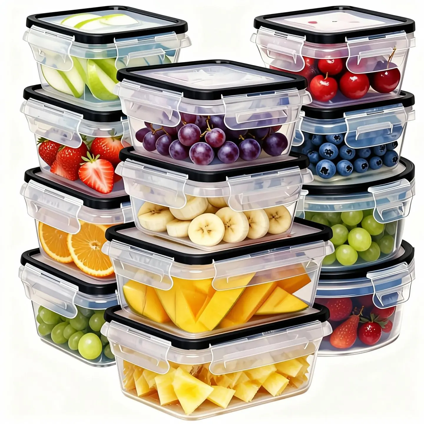 12-Pack BPA-Free Plastic Food Storage Containers Set, Mixed-Size Stackable Reusable Meal Prep Boxes, Microwave & Freezer Safe for Kitchen Fridge Leftover Storage
