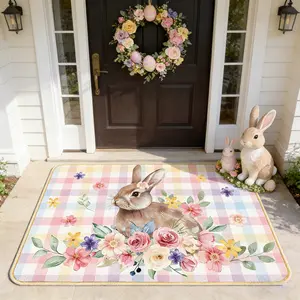 Pastel Plaid Rabbit Welcome Mat, Easter Decorative Rug, Floral area rug, Rabbit and floral pattern, Soft Washable Indoor Outdoor Floor Mat, Suitable for entryways, a perfect Easter gift, garden-style Decor