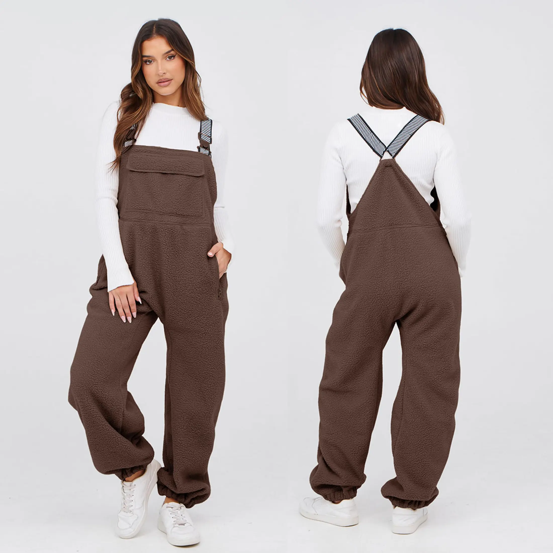 Molitree Women's Warm Fleece Casual Loose Adjustable Winter Jumpsuits Sherpa-Bib Overalls & Ski Pants with Pockets Beige Basic Womenswear Strap