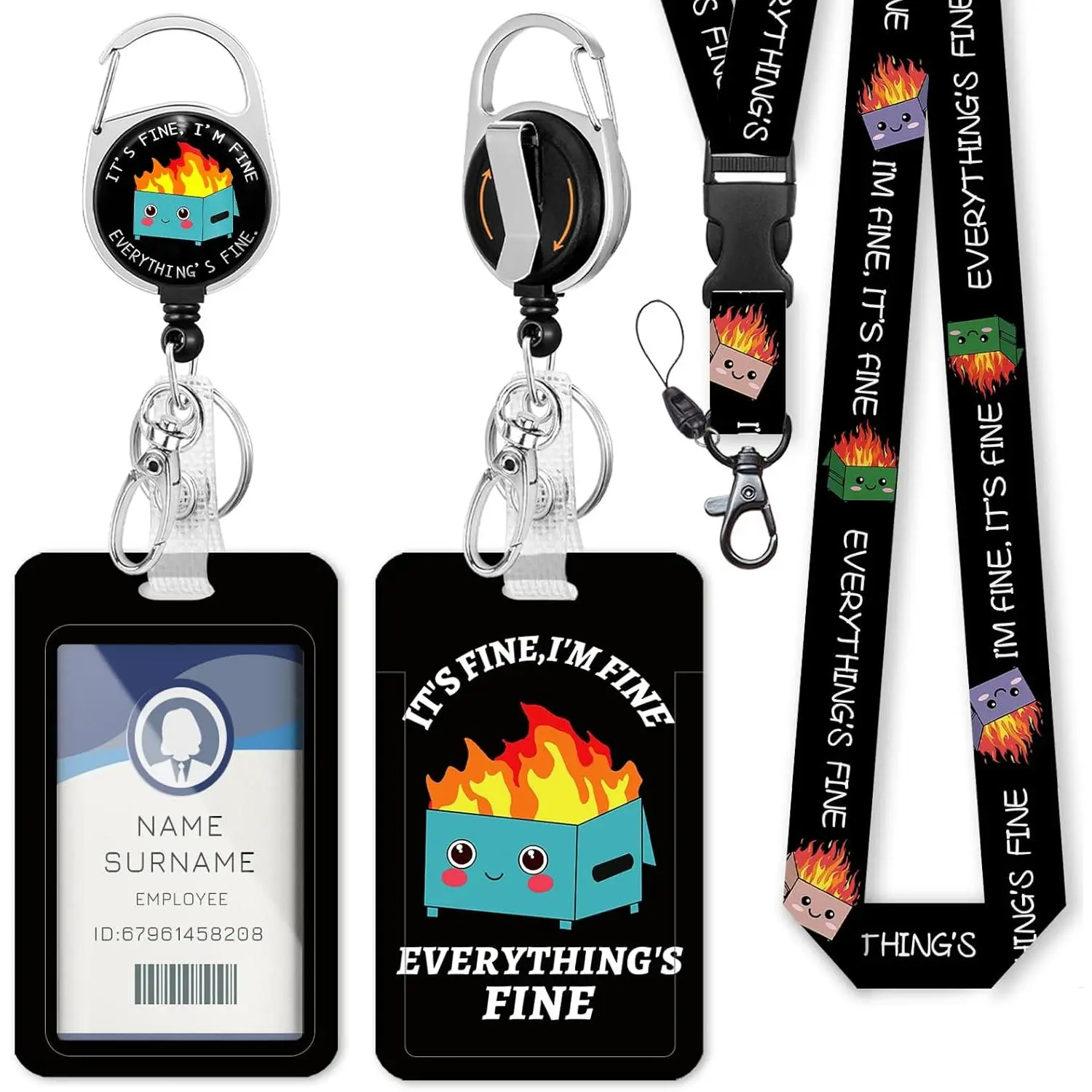 BY-371 Dumpster on Fire Lanyards for ID Badges and Keys, Funny Badge Reel Retractable Heavy Duty with 360° Swivel Carabiner Clip, I'm Fine ID Badge Holder with Breakaway Lanyard, Teacher Nurse Office Gifts