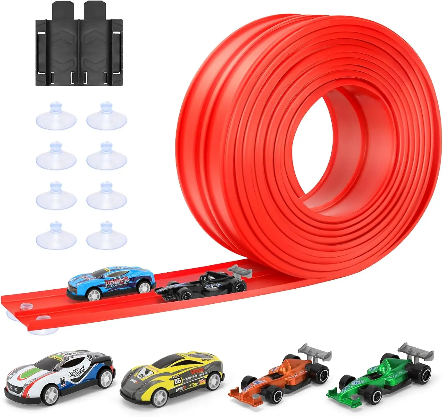 Flexible Race Car Track Kit - 15ft Roll-Up Track Toys with 4 Mini Cars, Suction Cups, Compatible with Diecast Vehicles, Portable Indoor Racing Toys