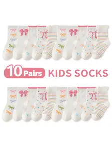 10 Pairs Mixed Color Kids Socks Set, Cartoon Bow Pattern, Girls Baby Striped Polka Dot Mid-Calf Socks, All Seasons Daily Wear