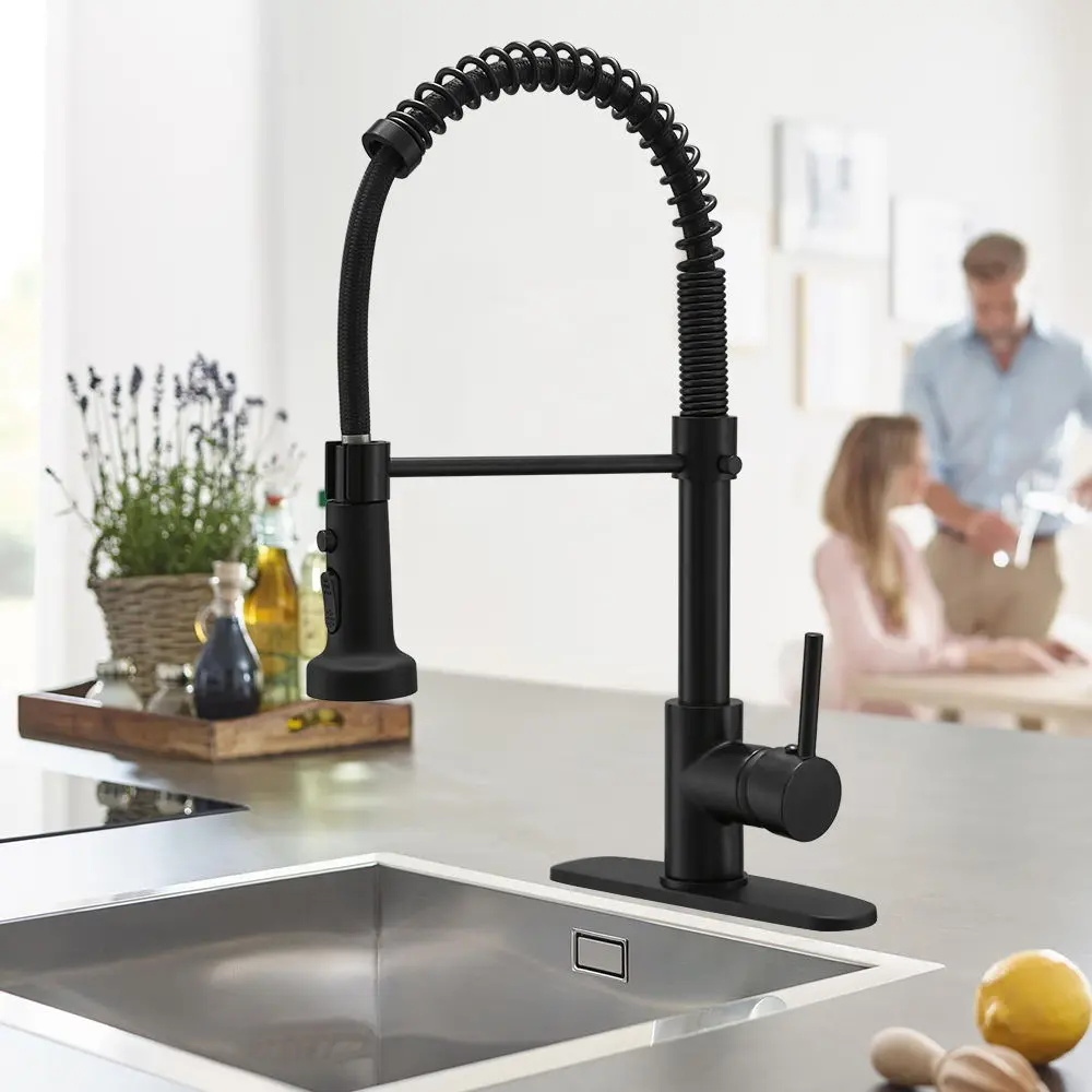 BESY Matte Black Lead-Free Solid Brass Modern Single-Handle Spring Kitchen Faucet - High-Arc Spout, 3-Function Pull-Down Sprayer with Retractable Hose, Stream Spray Pause, for Home, RV Compatible Sinks, Classic