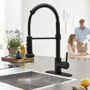 BESy Solid Brass Matte Black Commercial Kitchen Faucet With Pull Down Sprayer, High-Arc Single Handle Single Lever Spring Rv Kitchen Sink Faucet With Pull Out Sprayer, 3 Function Laundry Faucet