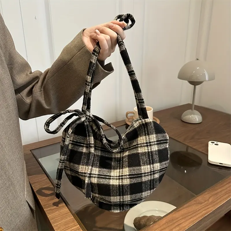 Women's Heart-Shaped Crossbody Bag with Bow and Checkered Pattern - Minimalist Handbag, Fixed Strap Magnetic Closure, Red - Elegant Daily Wallet, Bag, Versatile Fashion Accessory, Durable Fabric shoulder bags Large Soft Color Suede Kisslock Barrel