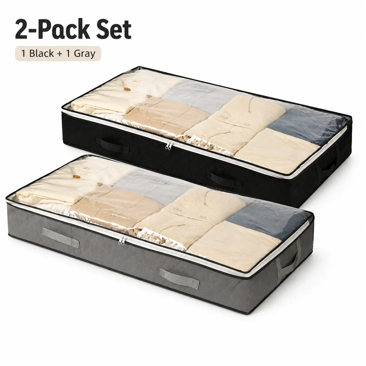 2-Pack 75L Under Bed Storage Bags, Foldable Underbed Storage Containers with Clear Windows, Zippers and Handles, 30 x 28 x 6 in Organizers for Bedding, Blankets, Sweaters and Seasonal Clothes