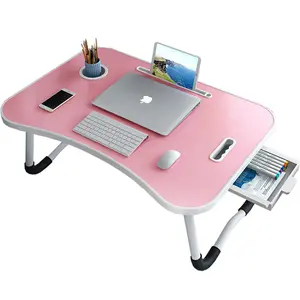 Pink Foldable Laptop Desk with 4 USB Ports, Bed Tray Table for Sofa Bed, Adjustable Breakfast Tray with Cup Holder, Sturdy W-Leg Design, Portable Computer Stand for Home Office