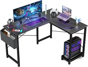 L-Shaped Wooden Computer Working Desk - Compact Space-Saving Corner PC Gaming Table with Dual Monitor Mount, Side Storage Bag, Sturdy Ergonomic Design for Home Office Small Spaces, Black