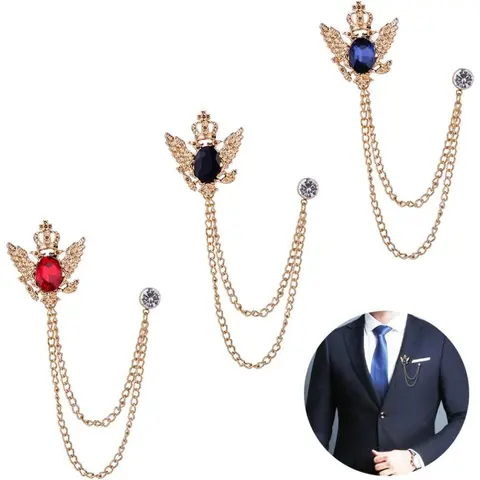 3PCS Men's Brooch Suit Pin Badge with Chains Buckle Chain Collar Lapel for Men Shirt Decoration Metal Clips Women Tuxedo Tie Hat Scarf